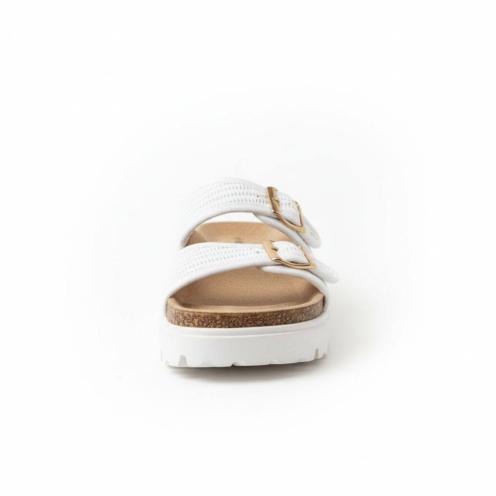 White sandal with a brown sole on a white background