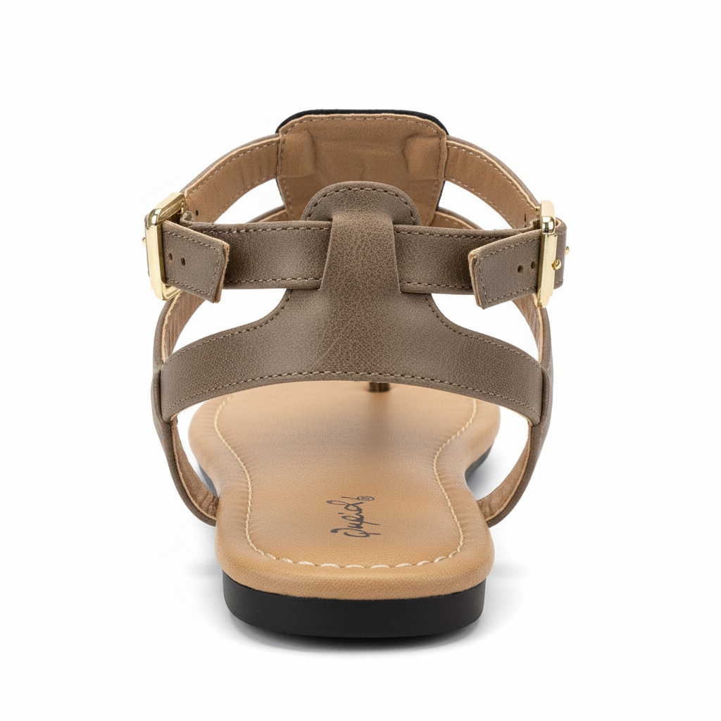 Taupe thong sandal with double gold buckle ankle straps, back heel view showing contrast-stitched footbed, white background