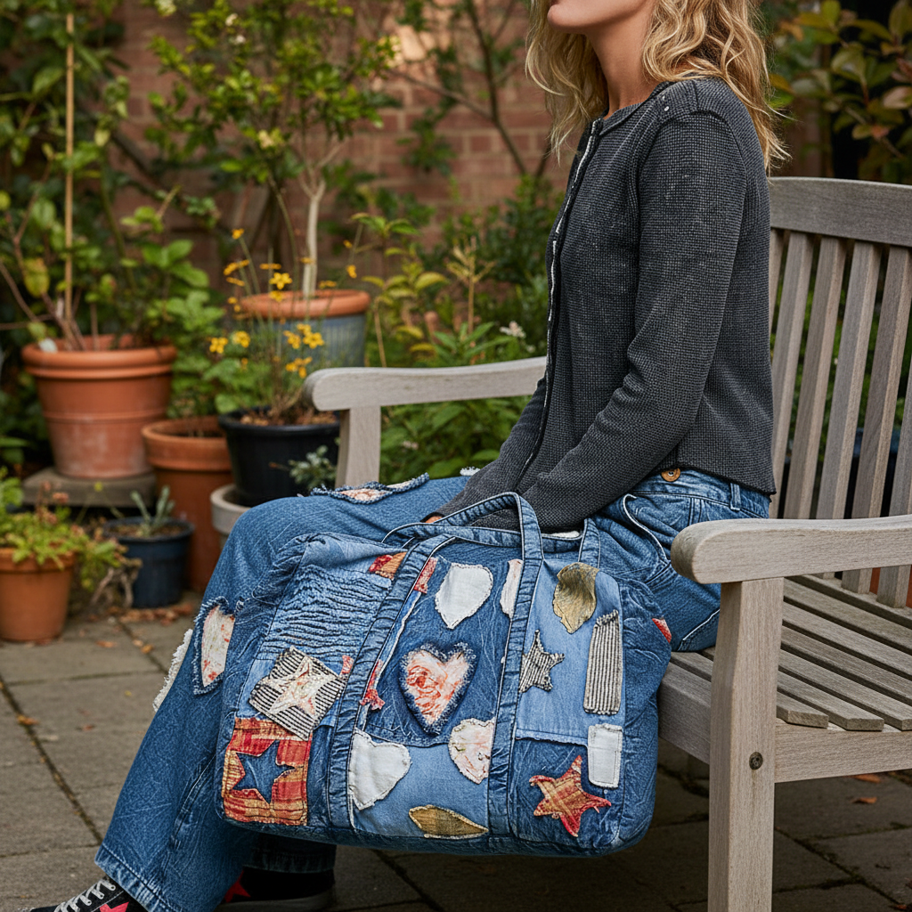 POL Clothing Women's Deep Denim POL Patchwork Denim Tote Bag carried as a casual everyday travel tote bag