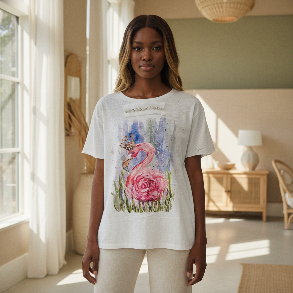 Women's white cotton tee close-up showing hand-painted watercolor flamingo with jeweled crown and rhinestone neckline detail