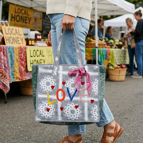 Paisley quilted LOVE tote with pink bandana carried at an outdoor market