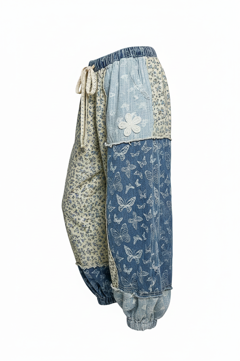 POL Patchwork Butterfly Print Joggers in Blue Butterfly Multi - side view ghost mannequin