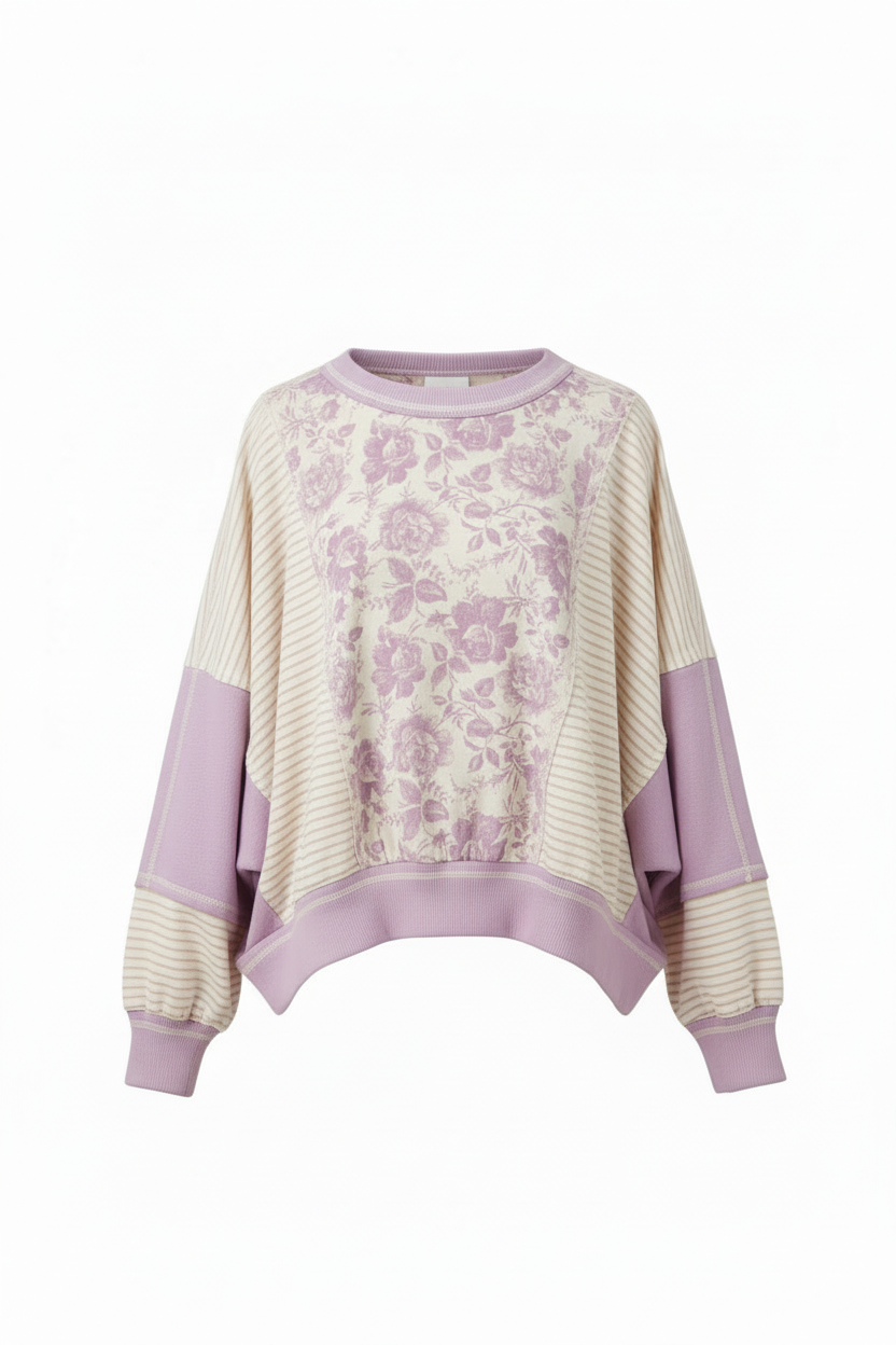 Colorblock Stripe Mix Top Lavender/Ivory - Front view showing floral print panel and horizontal pinstripes