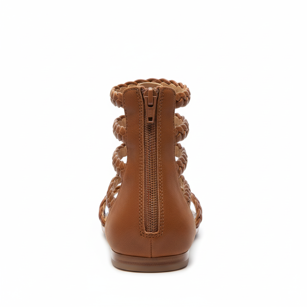 Brown braided gladiator sandal back view featuring zipper closure and heel construction