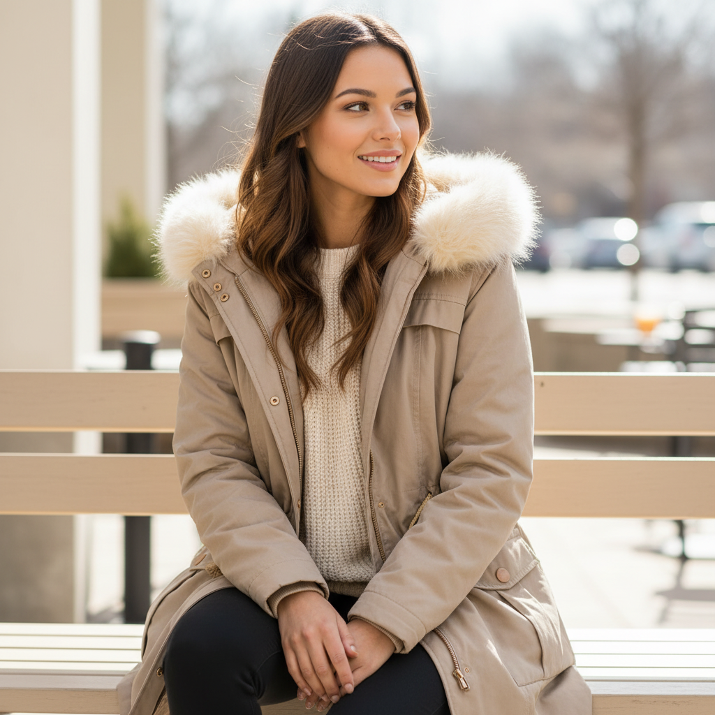 Women's beige parka with cream faux fur hood, relaxed layered styling, seated lifestyle editorial