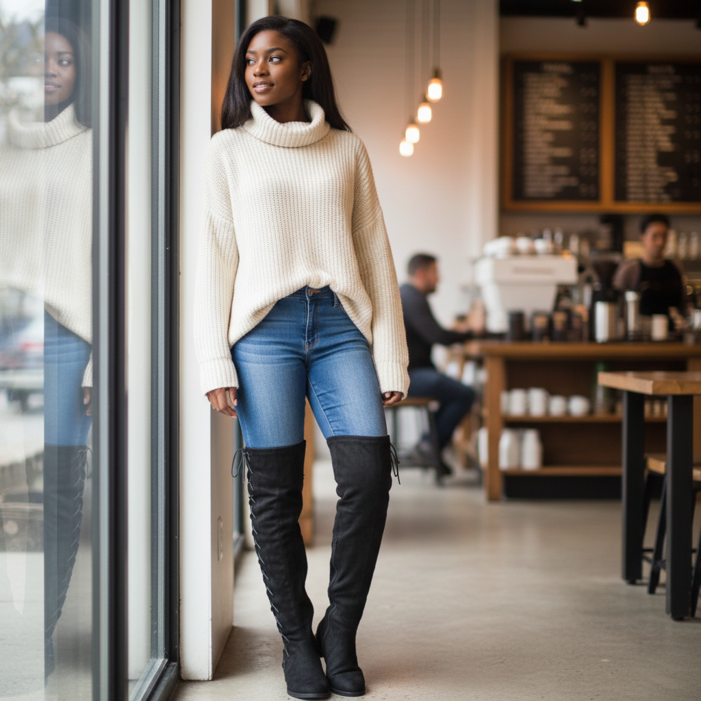 Women's black over-the-knee lace-up boots styled with skinny jeans and turtleneck sweater casual fall look