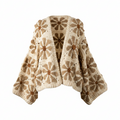 Women's cream ivory crochet cardigan with tan daisy floral motifs oversized balloon sleeves open front - BellanBlue