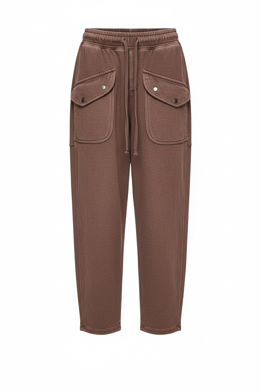 Vintage Mocha Washed Terry Cargo Pants - Front View - BiBi