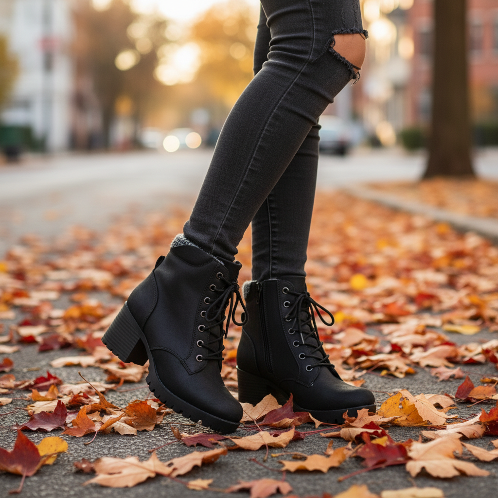 Woman walking in Soda black block heel ankle boots on autumn street, mid-stride close-up