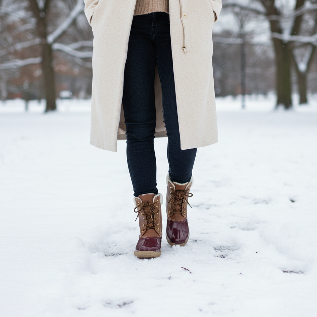 Women's bordeaux and brown duck boot with white sherpa collar styled with cream wool coat walking on snowy winter path