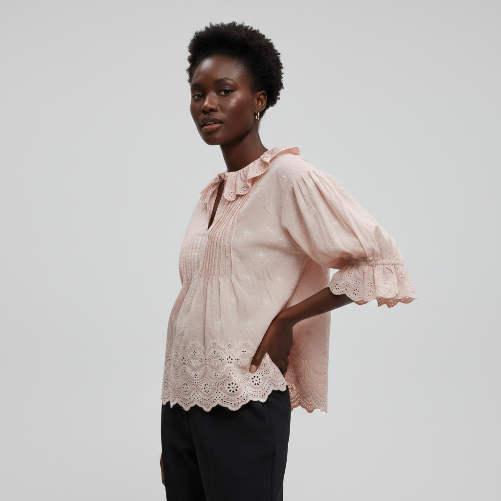 Women's blush pink eyelet ruffle blouse three-quarter angle view highlighting ruffle jabot and puffed sleeve volume