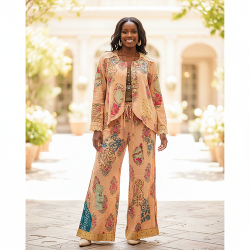 Women's golden peach patchwork floral palazzo pant and matching jacket set, wide-leg silhouette, crinkled cotton, relaxed boho fit
