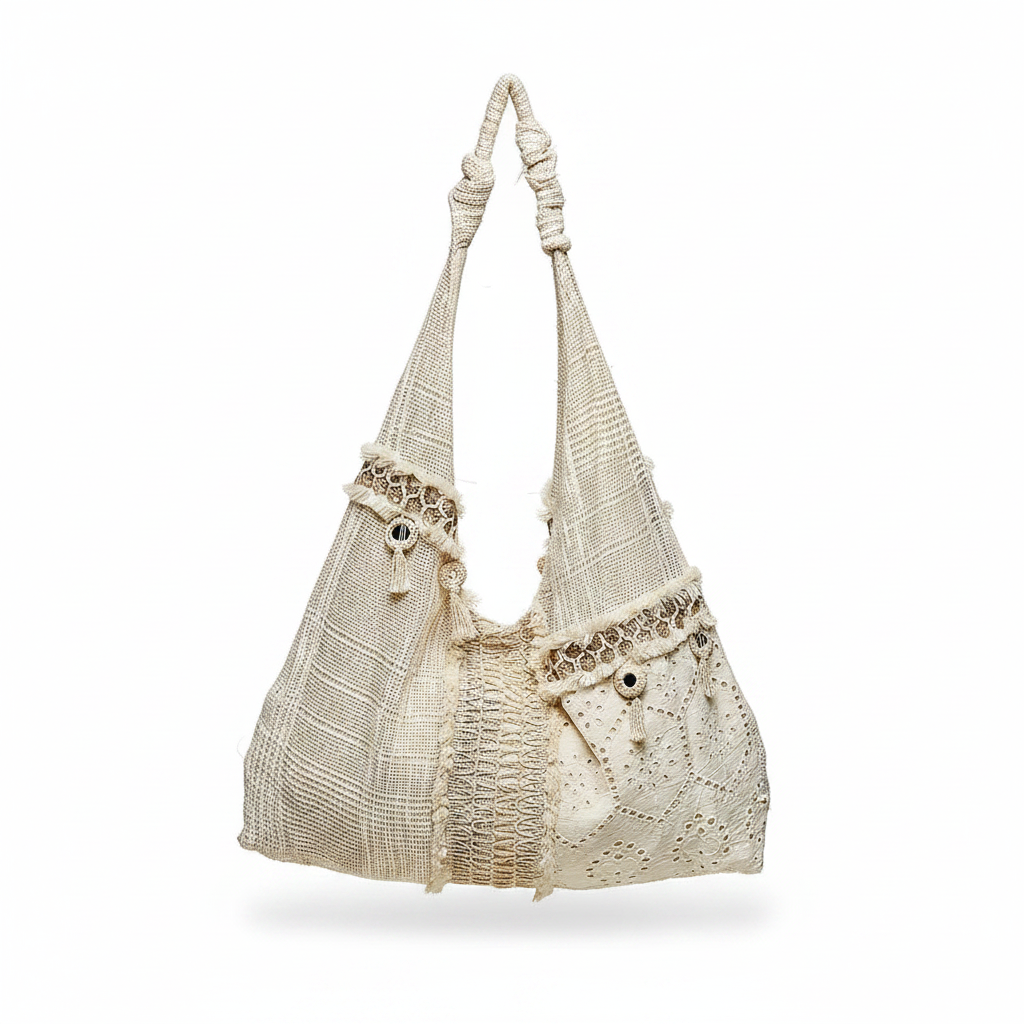 Women's cream ivory patchwork hobo bag back view open-weave mesh fabric knotted rope strap white background