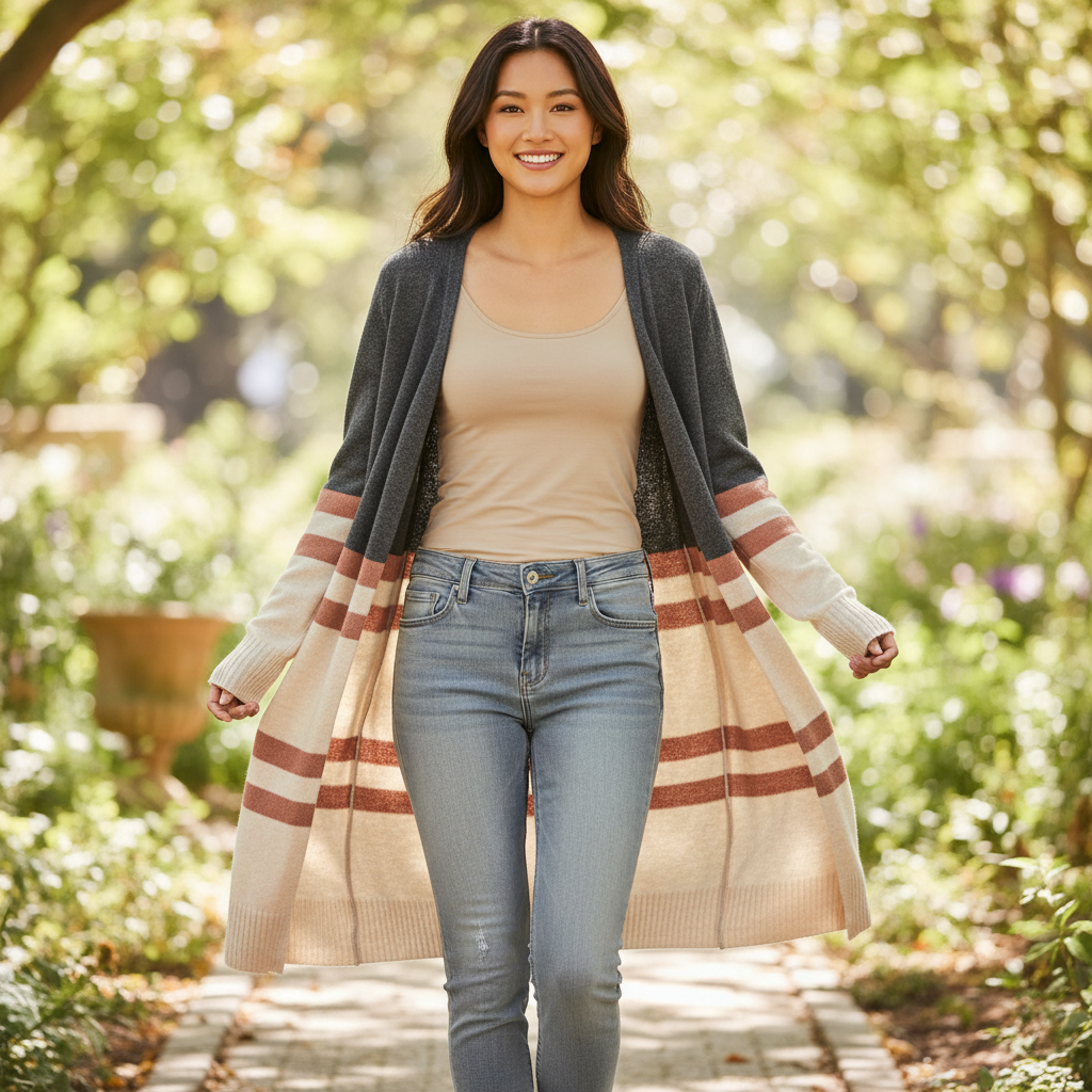 Women's long cashmere color block cardigan worn walking outdoors, open-front knit layer in charcoal and cream
