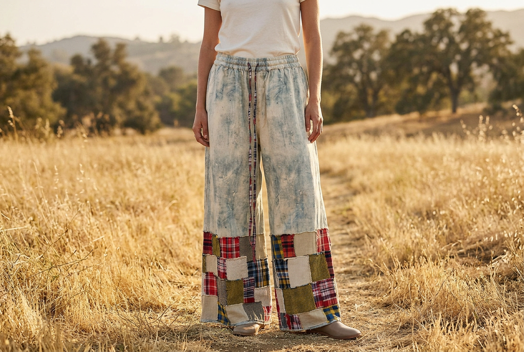 POL Clothing women's light blue mineral-wash patchwork wide-leg pants styled on a golden autumn meadow path