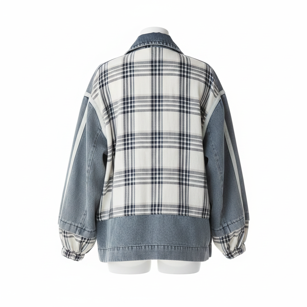 Women's slate blue plaid jacket back view, large plaid panel, washed denim sides, balloon sleeves, hip length