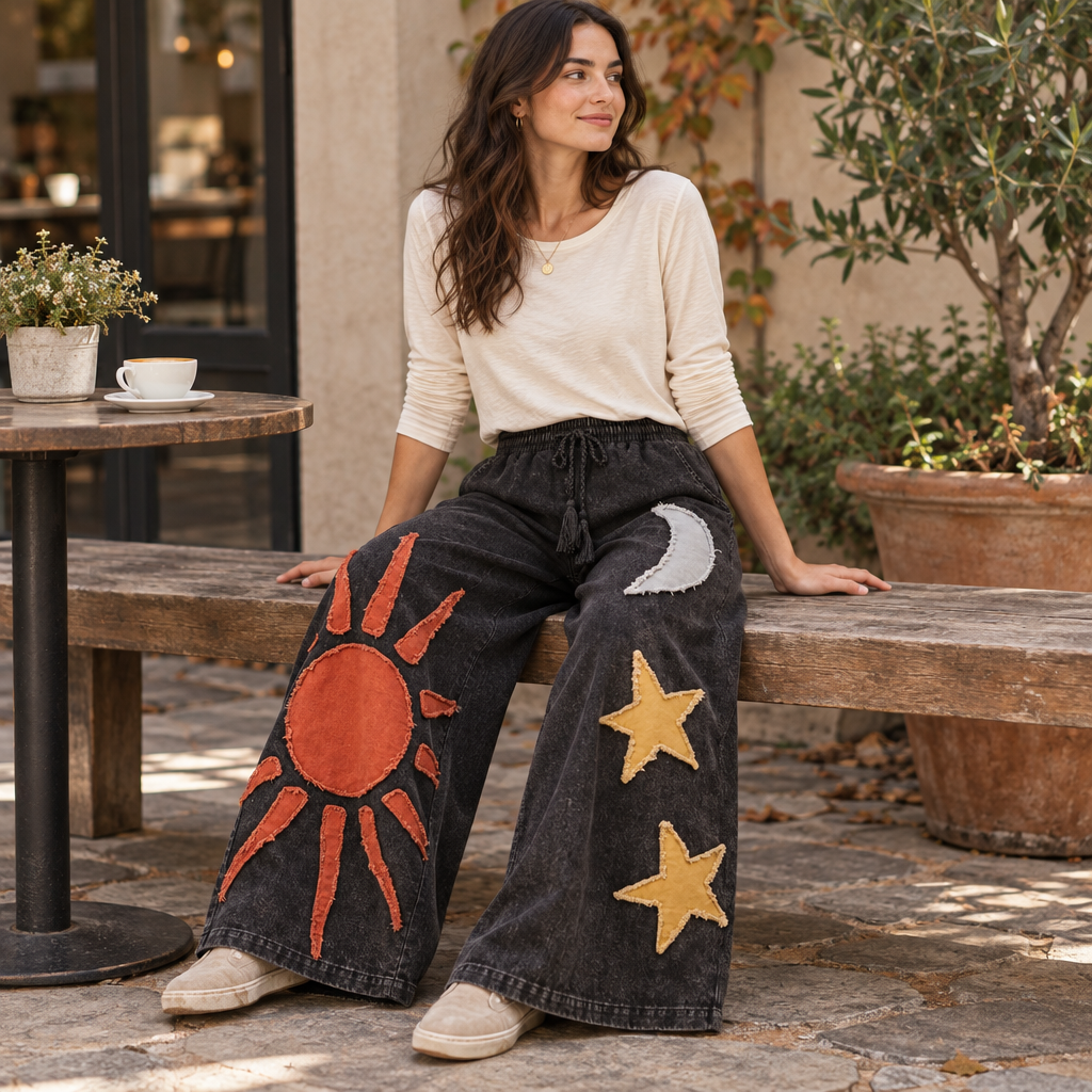 Mello women's black washed wide-leg pants with sun, moon and star appliqués, seated patio look