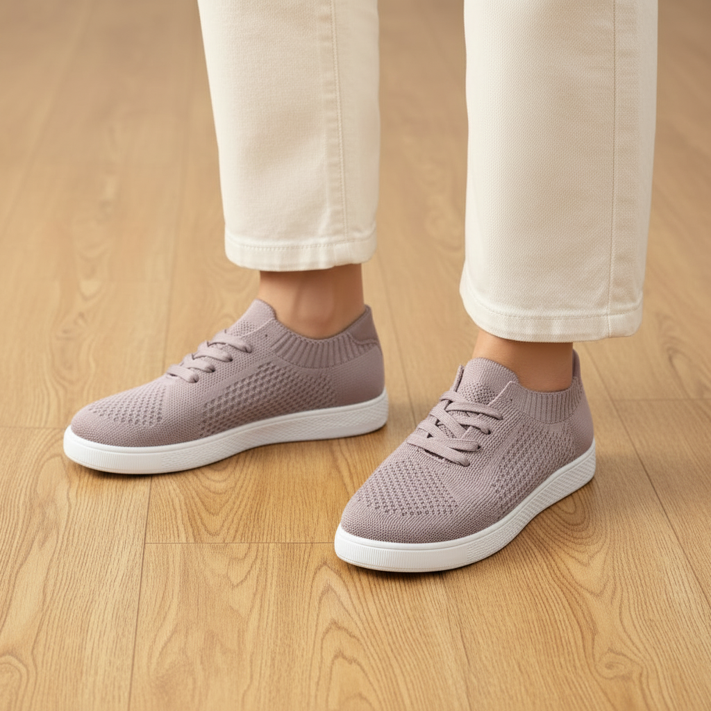 Women's mauve flyknit lace-up sneaker worn with cream wide-leg trousers on warm wood floor casual everyday look