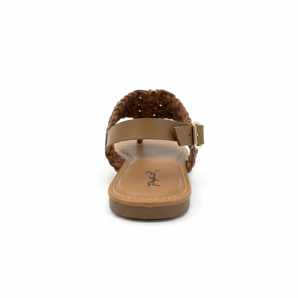 Qupid tan braided thong sandal back view showing adjustable slingback ankle strap with gold square buckle