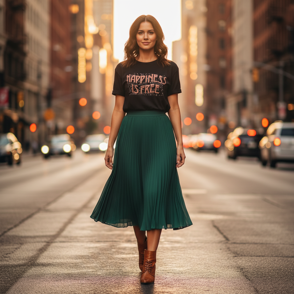 Black women’s graphic tee with rose gold Happiness is Free lettering tucked into a midi skirt