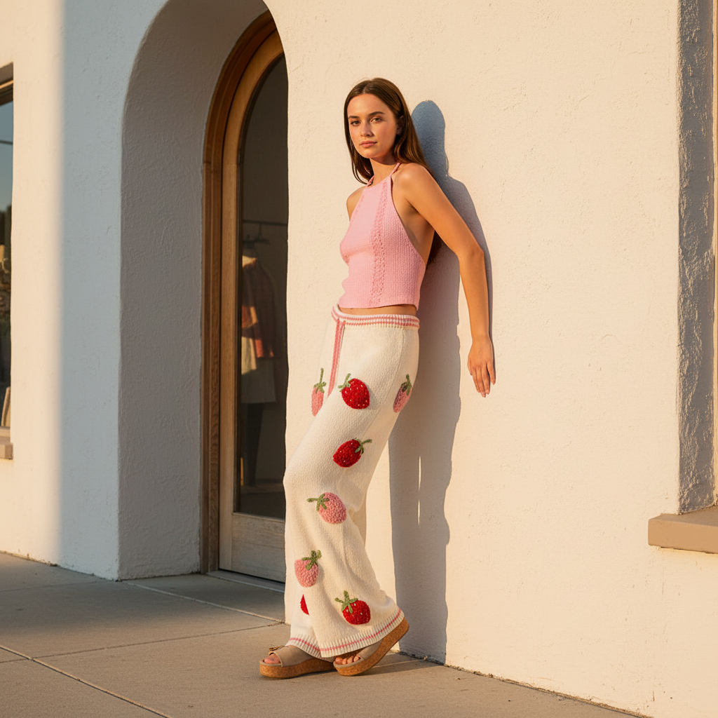 Women's POL cream chenille strawberry wide-leg pants boutique exterior golden hour styling