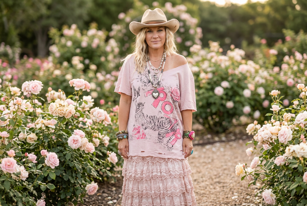 Model wearing a blush pink oversized tiger graphic tee off the shoulder in a wide sunlit rose garden
