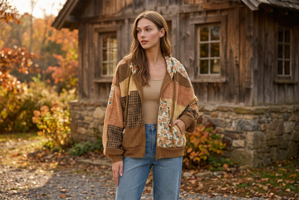 Woman in a brown floral patchwork hooded jacket and jeans outside a rustic cottage in autumn.