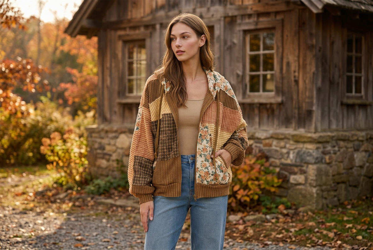 Woman in a brown floral patchwork hooded jacket and jeans outside a rustic cottage in autumn.