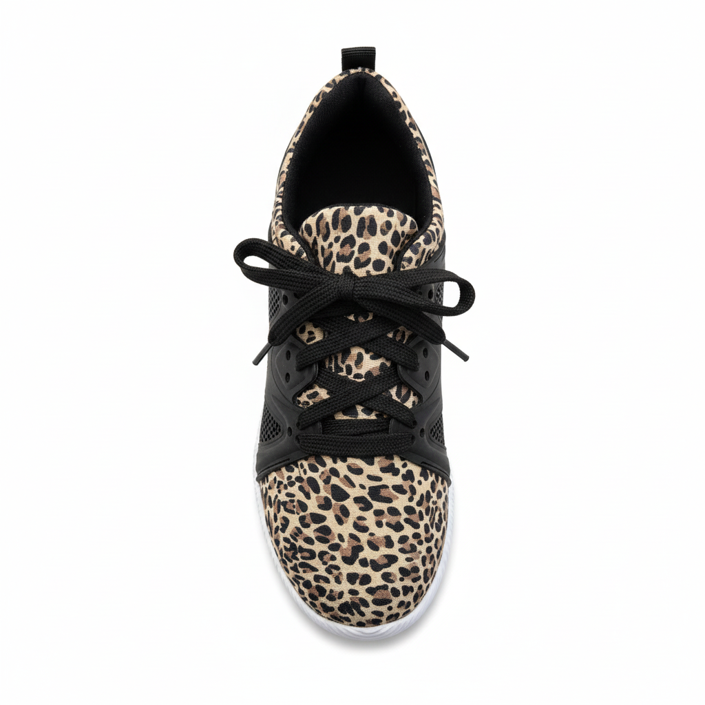 Women's camel leopard lace-up sneaker, top-down view showing leopard canvas upper, black laces, and mesh side panels, white background