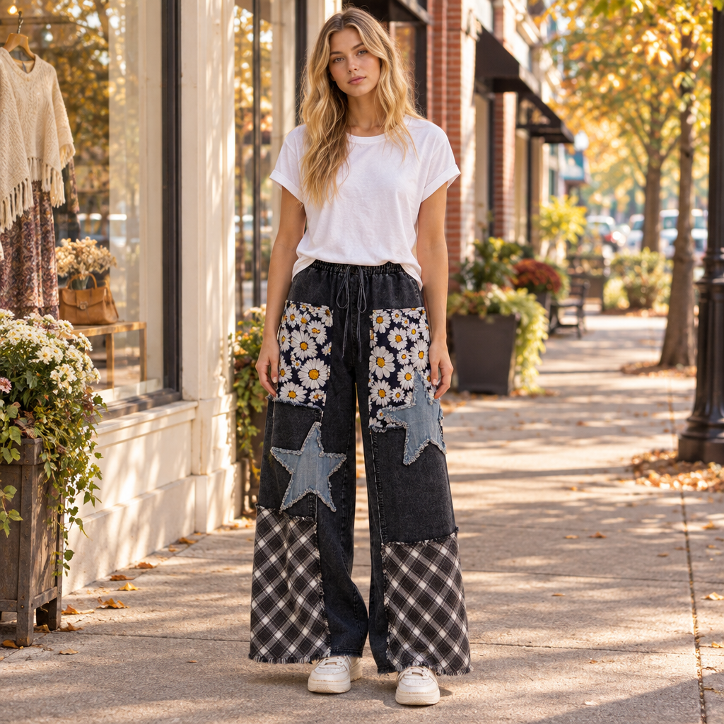 Sage + Fig women's denim star and daisy patchwork wide-leg pants on boutique sidewalk - BellanBlue