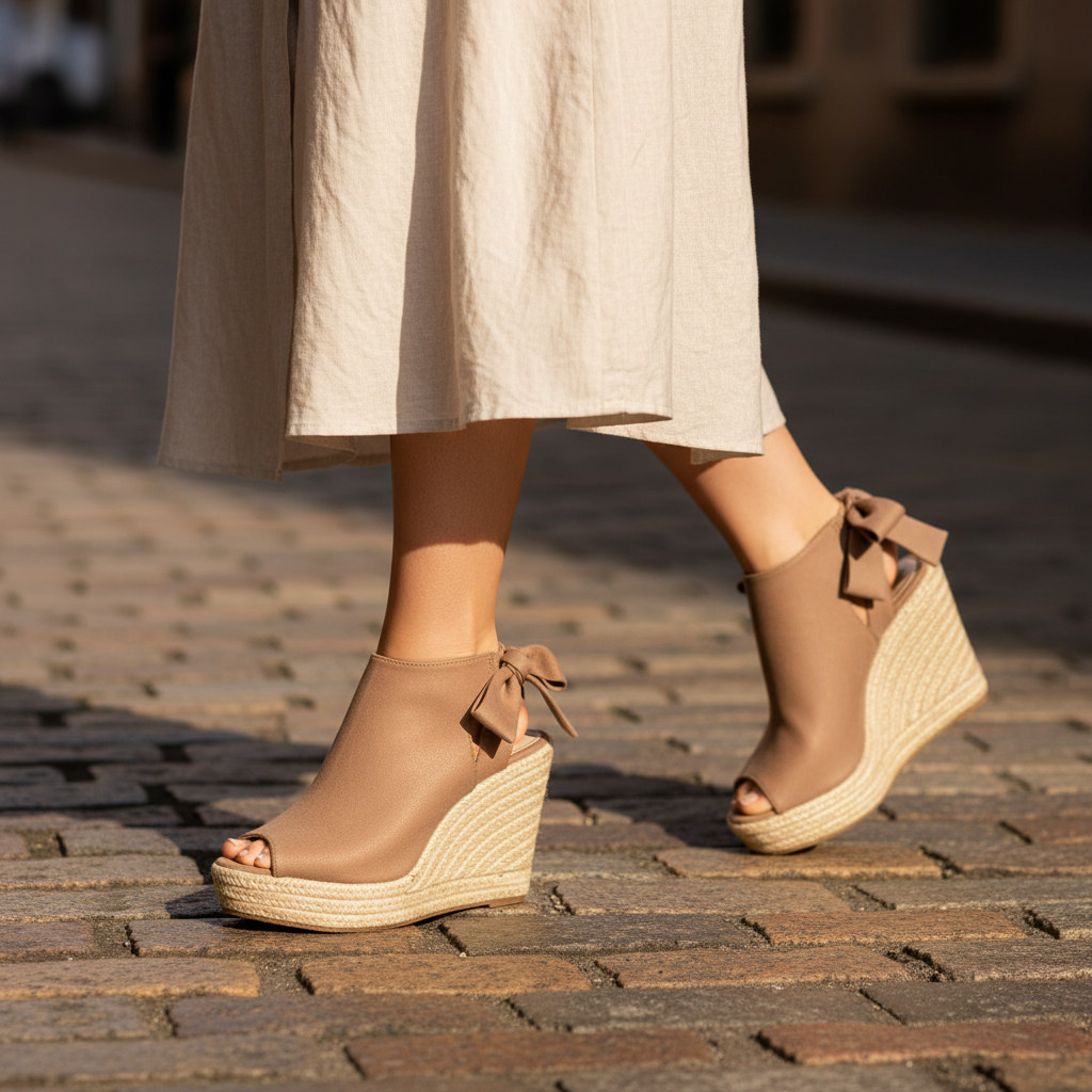 Woman walking in Refresh Emery-03 taupe espadrille wedge sandals on a sunlit cobblestone street, knees-down close-up