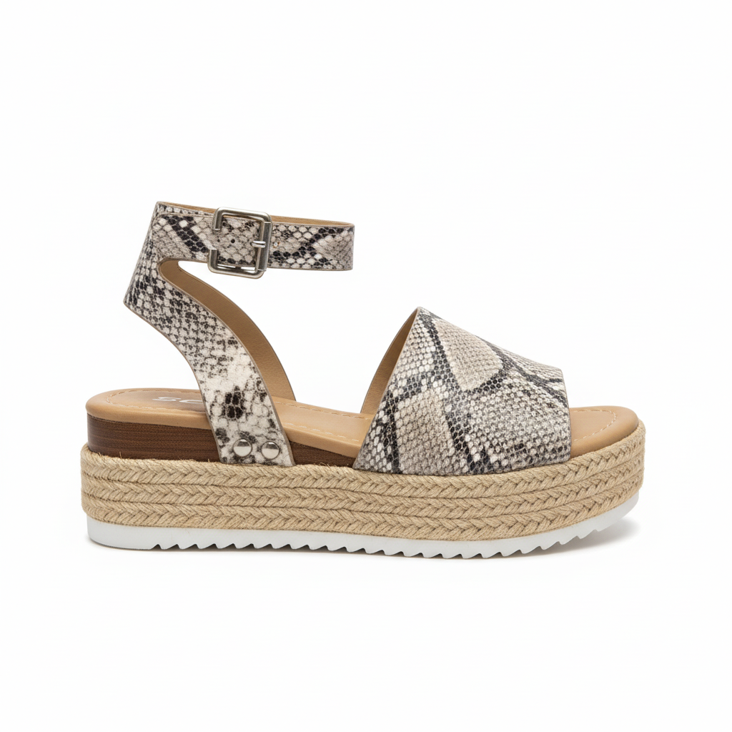 Women's python print espadrille platform sandal side profile view showing jute braided platform and ankle strap buckle