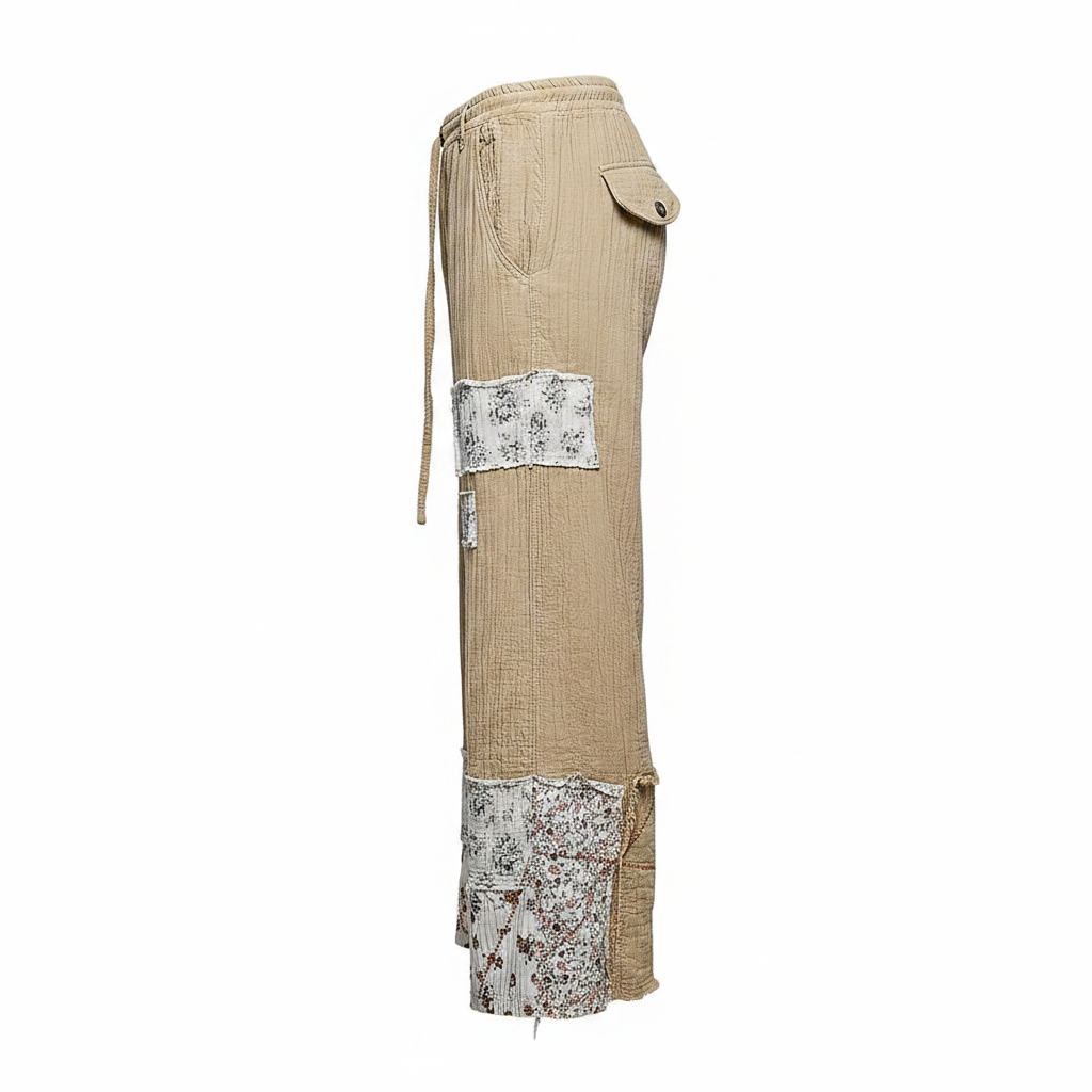 Women's latte crinkle cotton pants side view, ghost mannequin, wide-leg silhouette, floral patchwork panels