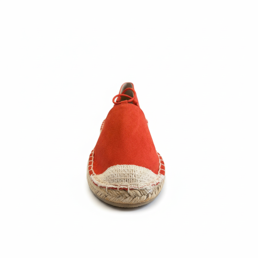 Blood orange suede-look lace-up espadrille flat with braided jute sole and cross-tie ankle laces, front view, white background