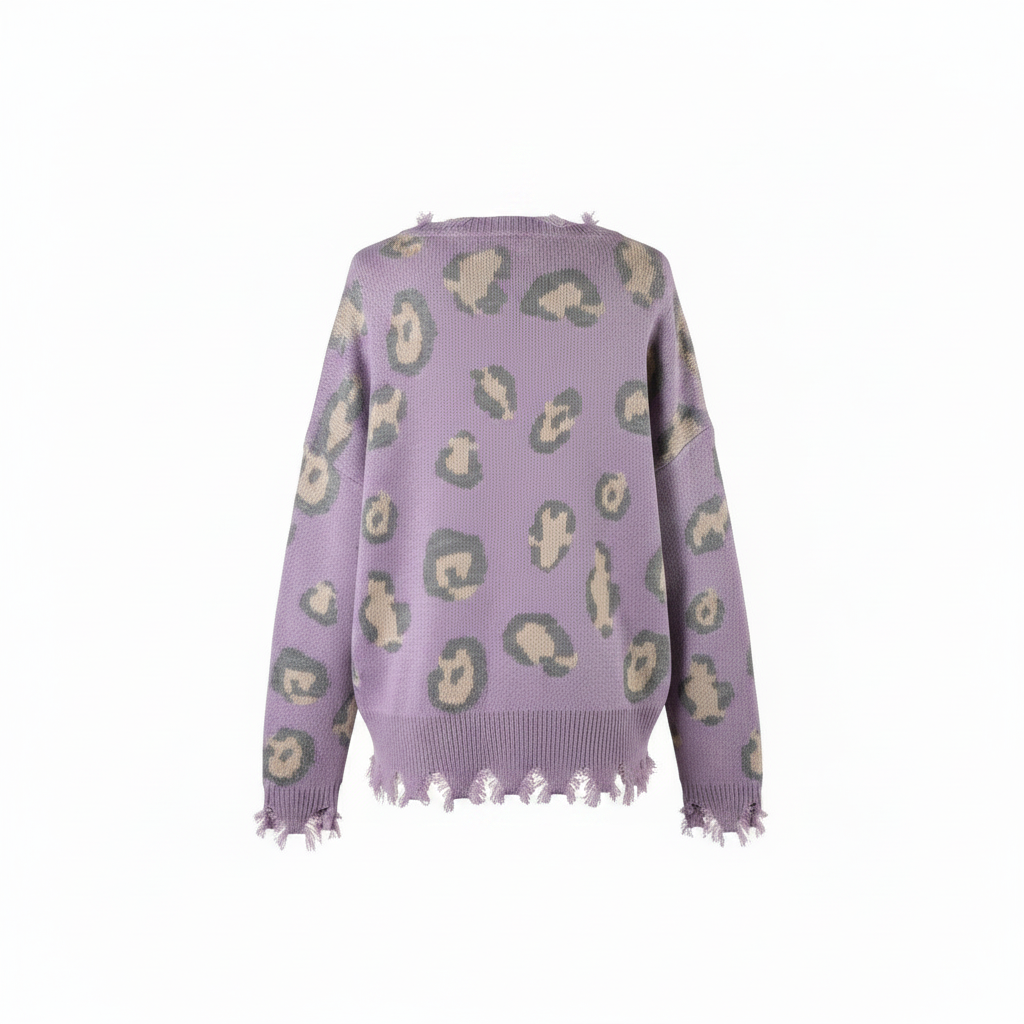 Women's lavender purple leopard knit sweater back view, ghost mannequin, distressed fringe hem, oversized fit