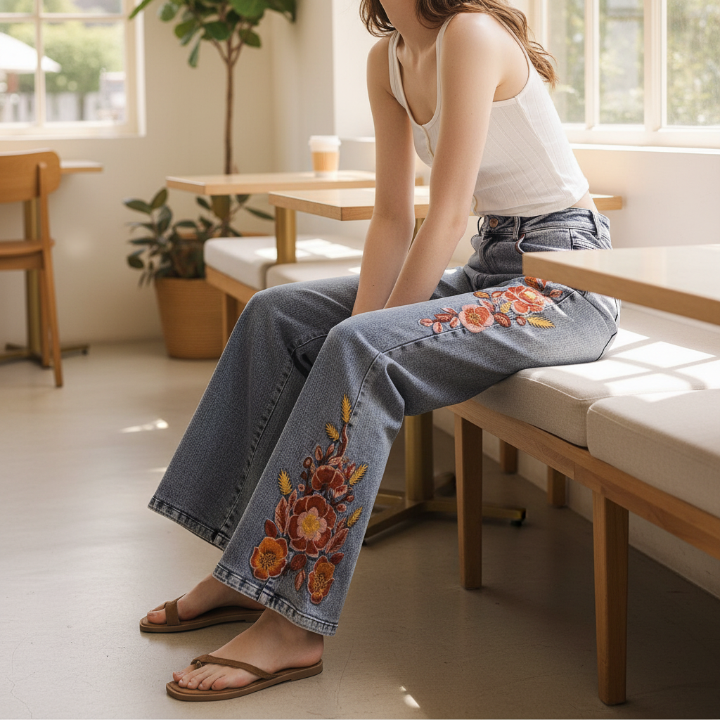 Bluevelvet women's wide-leg denim pants with floral embroidery, seated brunch café styling