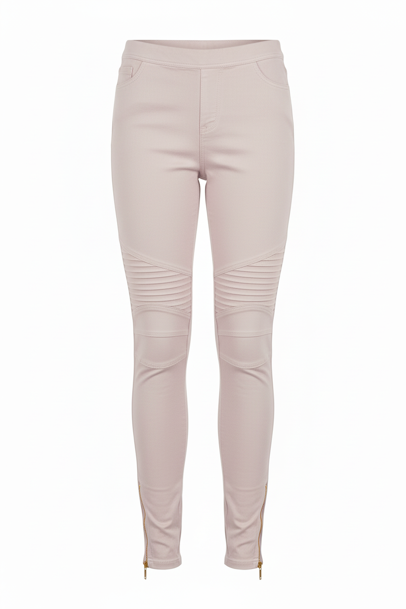 Women's moto leggings in light mauve - front view showing moto seaming, knee ruching, and gold ankle zipper