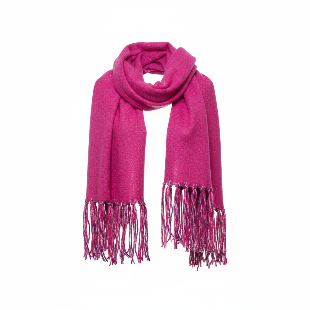 Women's fuchsia speckled knit scarf wrap, front view, soft brushed fabric, pink magenta fringe ends