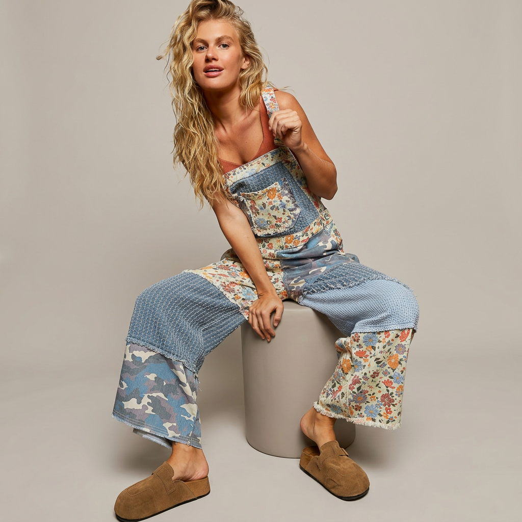 Model leaning forward on a gray seat in wide-leg floral and camouflage patchwork overalls with brown clogs.