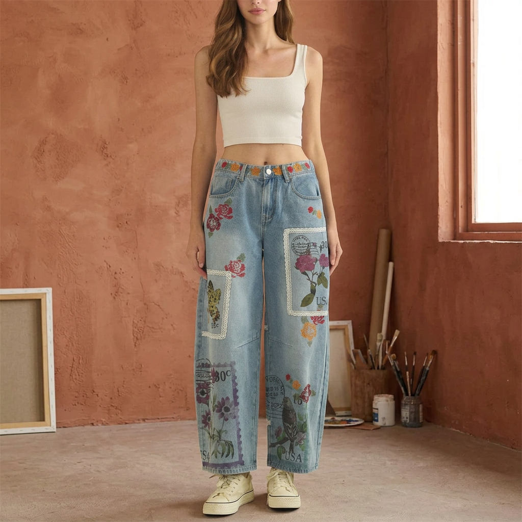Washed blue barrel jeans with floral postage panels, worn with an ivory tank in a terracotta art studio