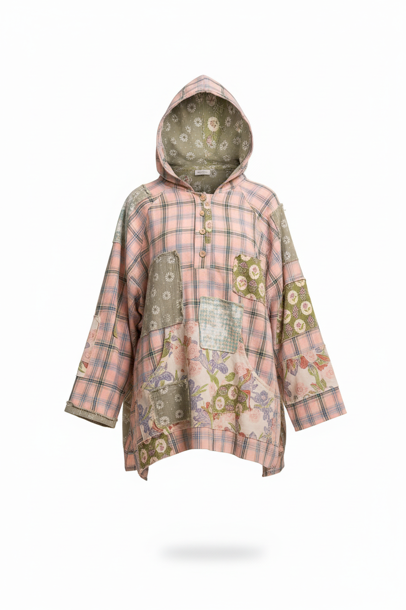 Bluevelvet oversized patchwork hoodie in pink plaid with floral patches - front view floating ghost mannequin