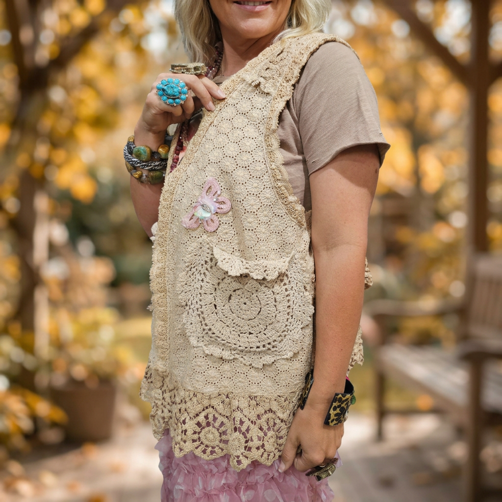 A Rare Bird Shop women's beige vest crochet pocket and pink butterfly detail against an autumn garden