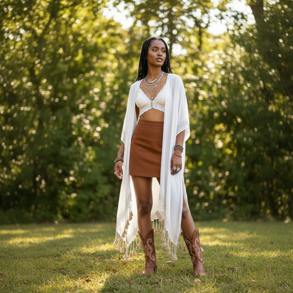 White women’s longline tassel trim kimono wrap styled with hat and accessories