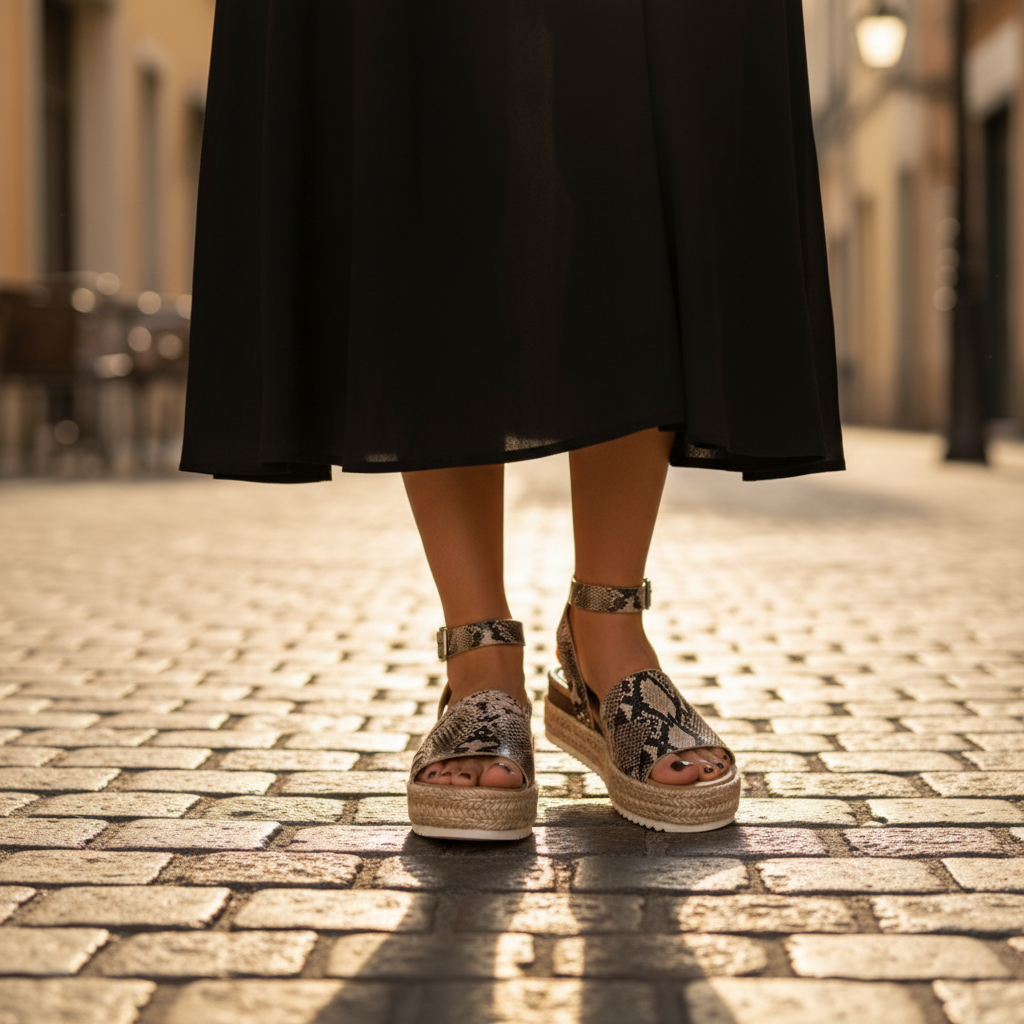 Women's charcoal python espadrille platform sandals with ankle strap styled with black midi skirt cobblestone street