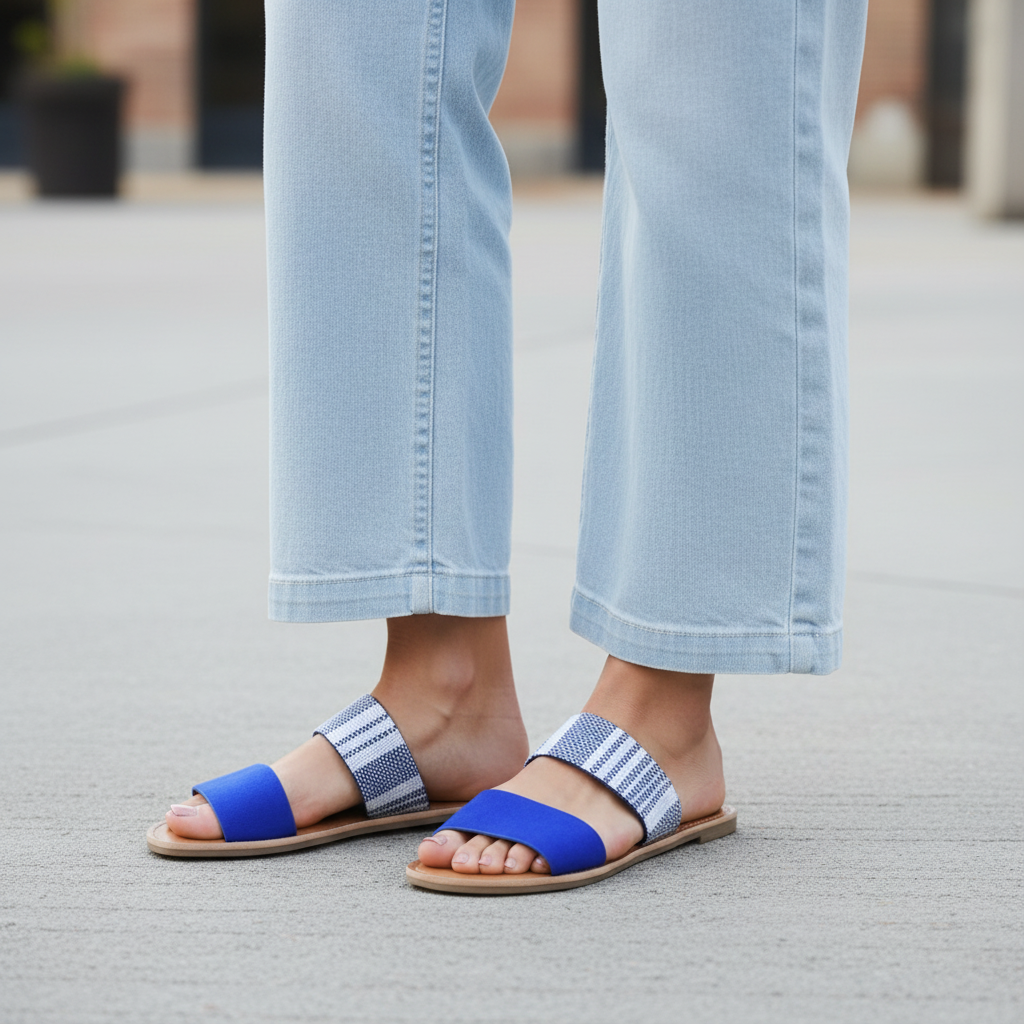 Woman standing wearing Qupid cobalt blue two-band slide sandals on concrete, knees-down view