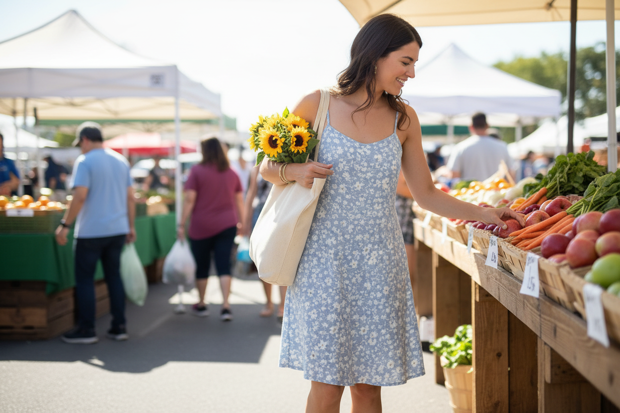 Woman shopping at farmers market wearing brown braided gladiator sandals with casual summer outfit
