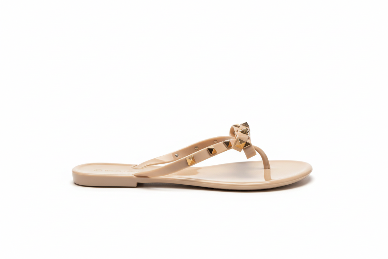 Wild Diva studded bow jelly sandals side profile - nude flat thong sandals with comfortable sole