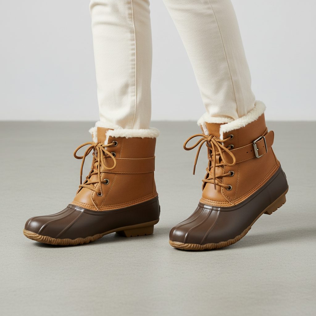Women's tan waterproof duck boots, faux fur trim, lace-up, glossy rubber sole, step-forward pose on concrete