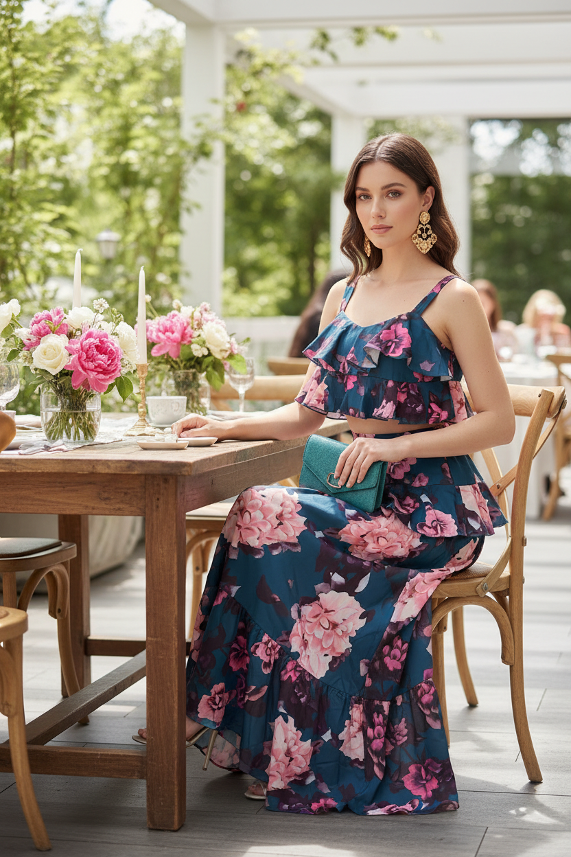 Woman in a floral dress sitting at an outdoor table with flowers and people in the background