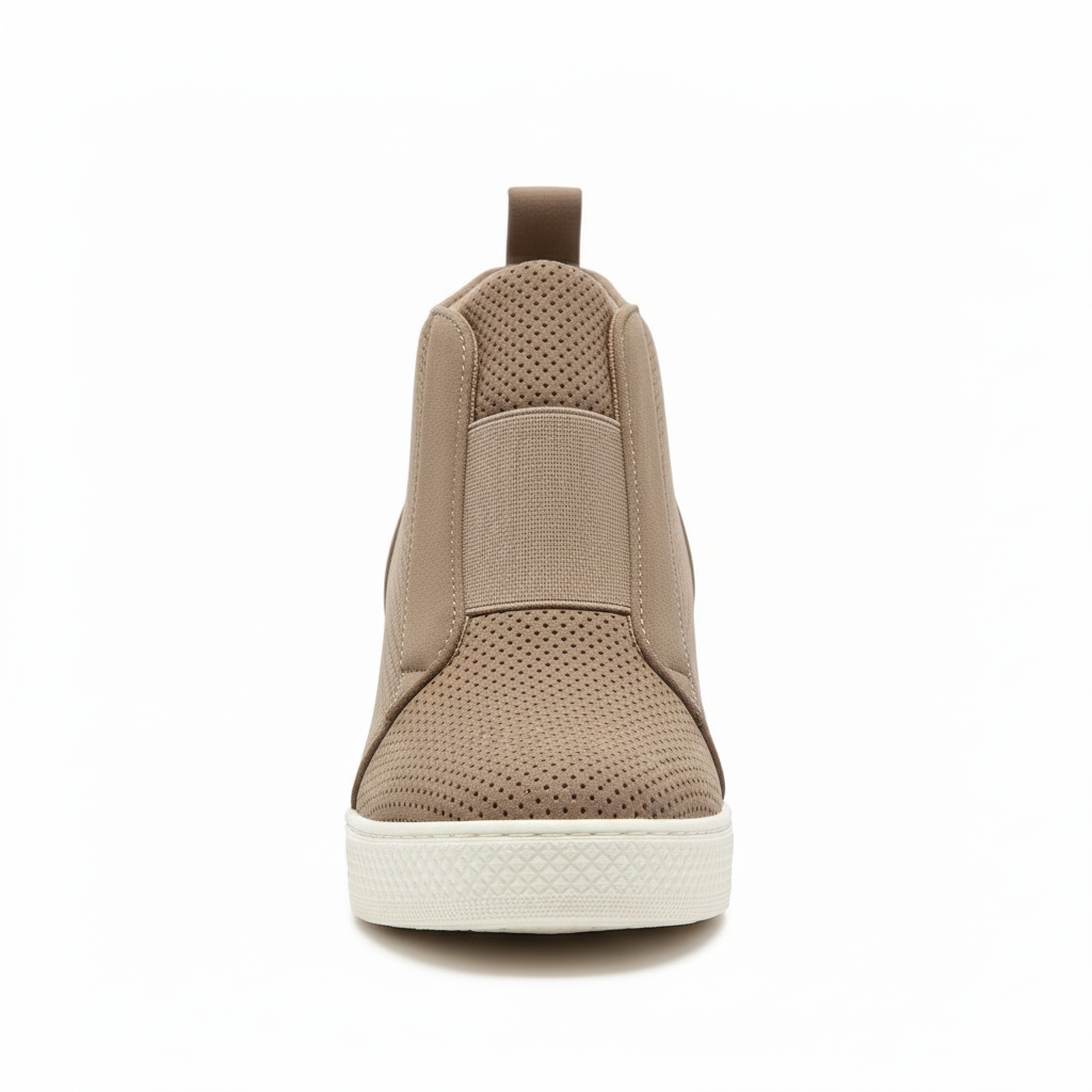 Women's oatmeal slip-on wedge sneaker - side profile view